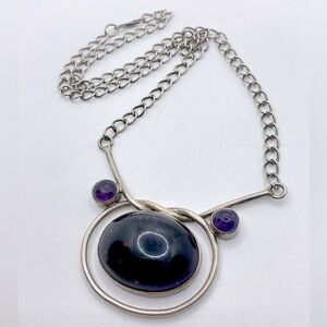 VTG Sterling Amethyst Cabochon Necklace Hook Clasp 17” / 31g